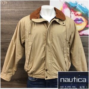 VINTAGE Nautica Mens Tan Suede Collar Zip Up Bomber Jacket Size M Plaid Liner